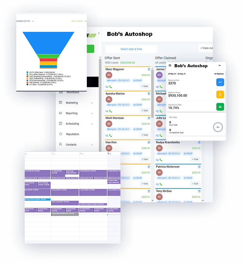 AutoShop AMP dashboard displaying lead tracking, scheduling, and analytics for Bob’s Autoshop.